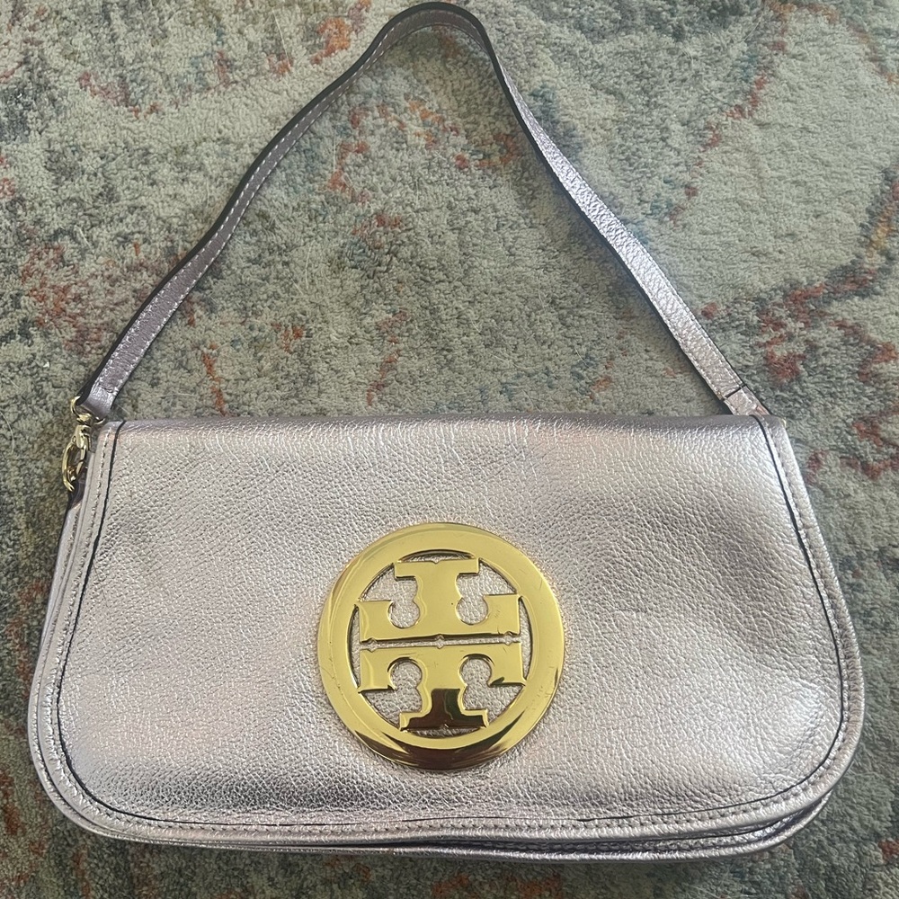 Tory Burch Metallic Silver Clutch with Gold Logo